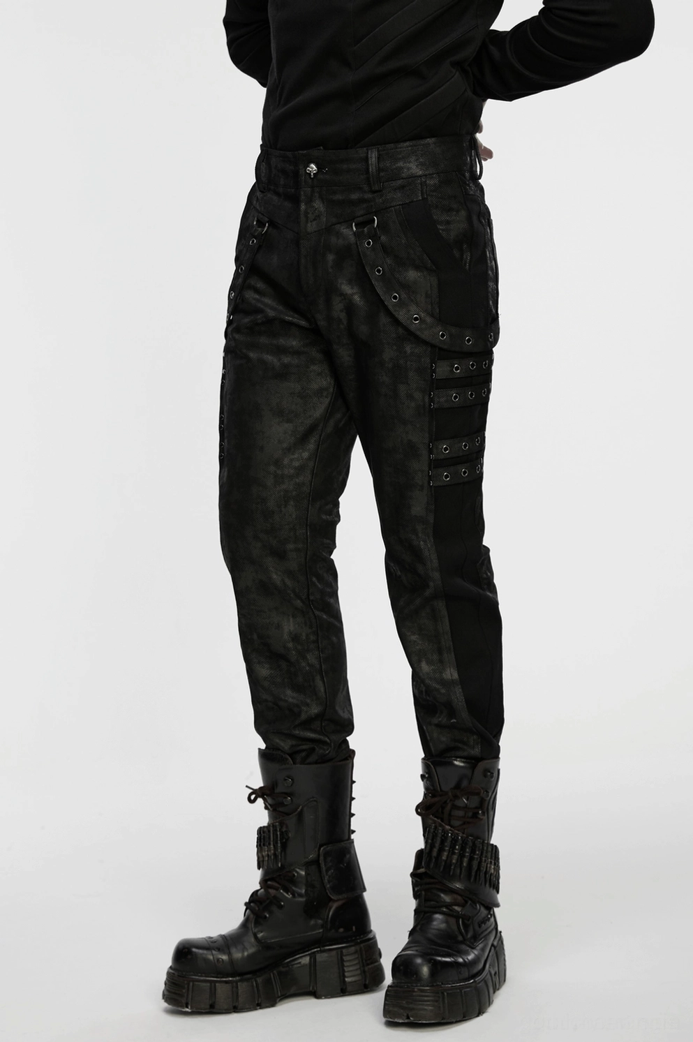 Schwarze distressed Gothic Slim-Fit Röhrenhose Elastische Panel-Konstruktion und Seitenspleißungs-Detail