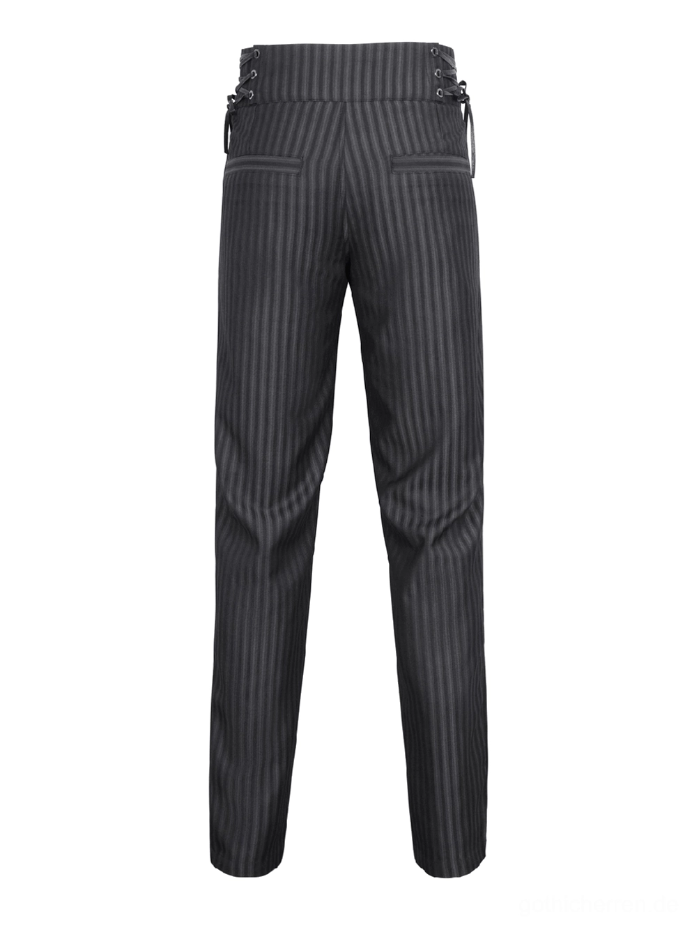 Schwarze Pinstripe Gothic Röhrenhose Rückflachlage mit Rückseite Patchpockets Hochbund Stofftextur
