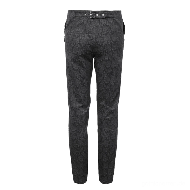 Schwarze Gothic Jacquard Röhrenhose Rück-Flat-Lay Gesamtansicht, zeigt verstellbares Rückengürtelsystem mit Vintage-Metallschnalle und eleganten geraden Beischnitt auf weißem Hintergrund