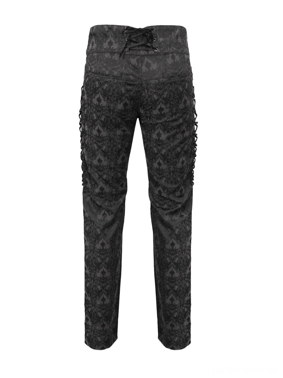 Rückansicht schwarzer Gothic Röhrenhose mit charakteristischem Schnürverschluss-Korsett-Stil, geflochtener Seildekoration und seitlichen Verzierungen, Steampunk-Design-Elemente, Damast-Jacquard-Stoff
