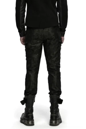 Schwarze distressed Gothic Slim-Fit Röhrenhose von hinten mit verblasster texturierter Stoff und industriellem Styling