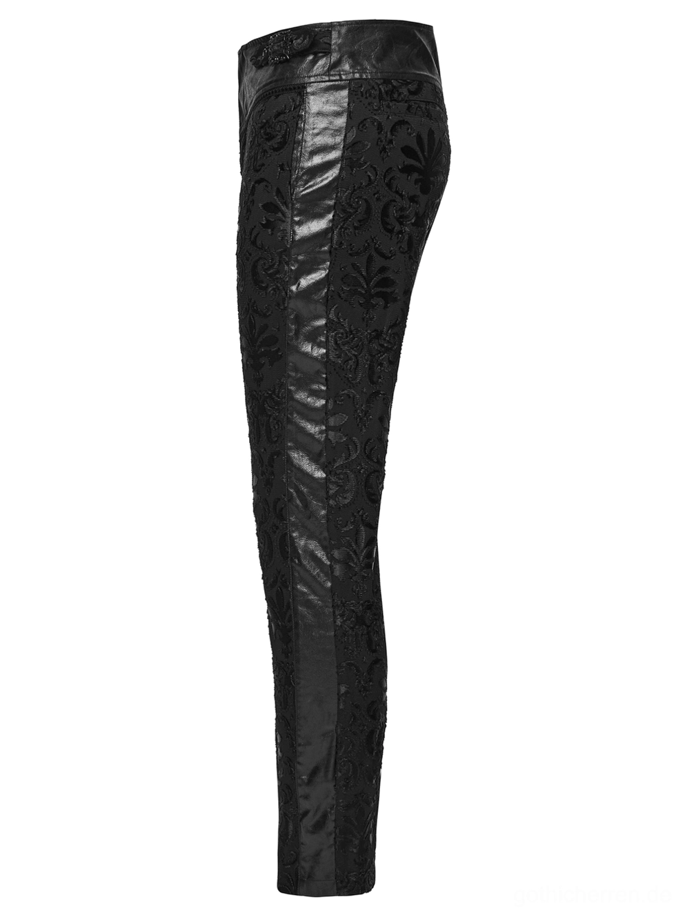Seitenansicht Flachaufnahme schwarze Gothic Röhrenhose mit Lederpaneelen verstellbaren Bund und Damast-Jacquard-Struktur im Detail