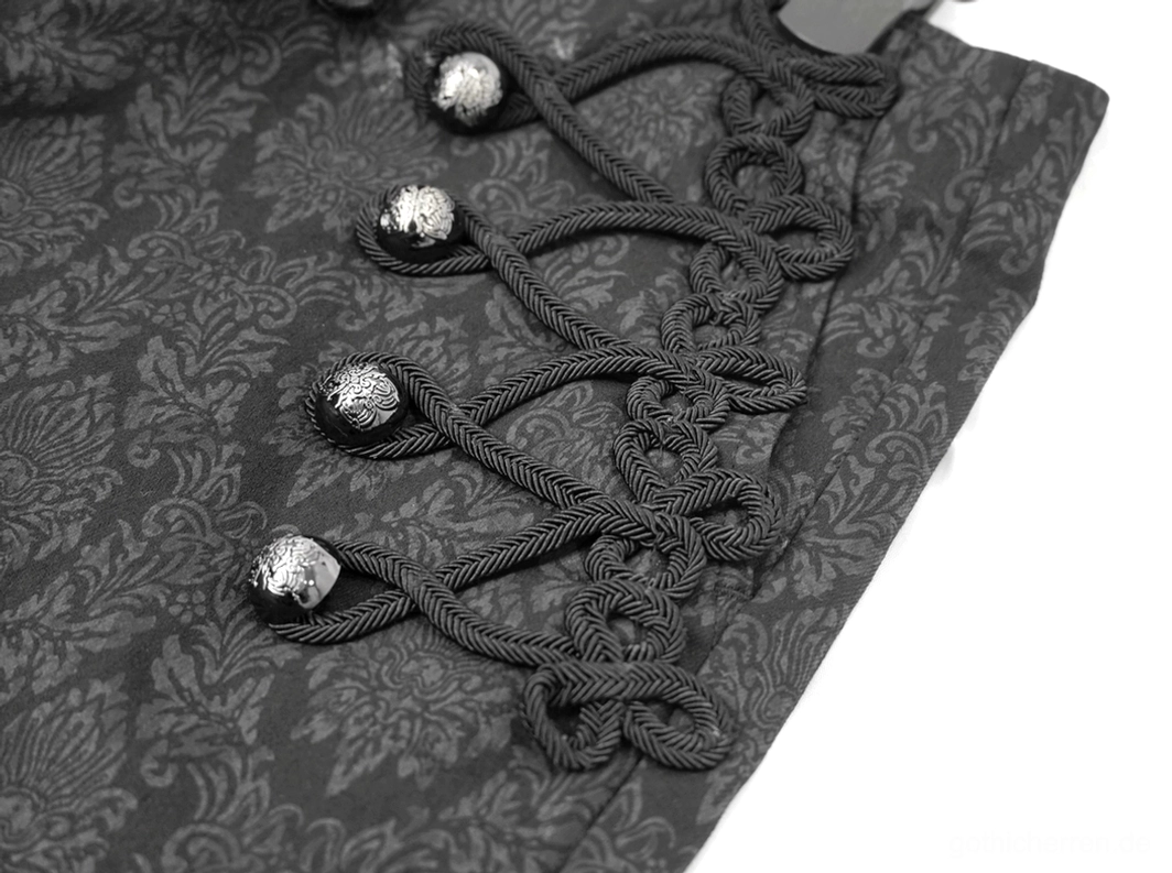 Detailnahaufnahme der schwarzen Gothic Röhrenhose Seitenpartie mit silbernen Kugelkopfknöpfen und schwarzer Kordelschnürung, zeigt ornamentale Webverzierung auf gewebtem Damast-Jacquard-Material