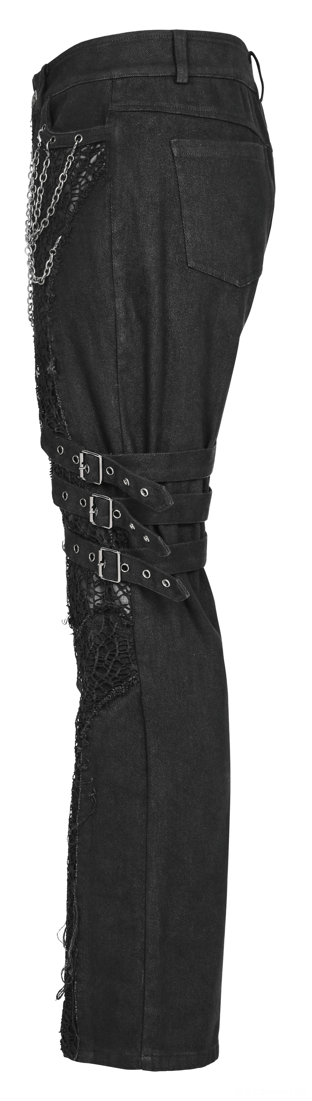 Schwarze Gothic Slim-Fit Röhrenhose Seitenansicht mit verstellbarem Metallkettenriemensystem und strukturierten Schnallenelementen, Flachlage Display
