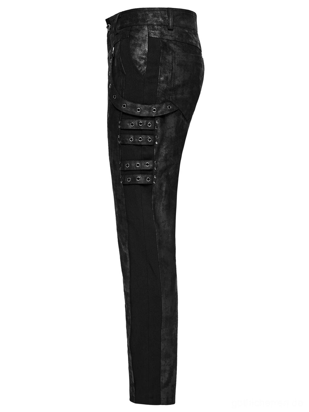 Schwarze distressed Gothic Slim-Fit Röhrenhose Seitenansicht mit mehrstöckigen Metall-Ösen-Straps und elastischen Panels