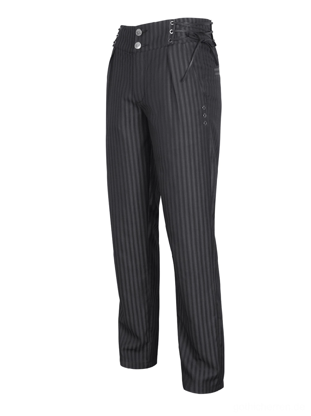 Schwarze Pinstripe Gothic Röhrenhose Seitenansicht Flachlage mit seitlichen Schnürungsverschlüssen Knopfdetail Hochbund