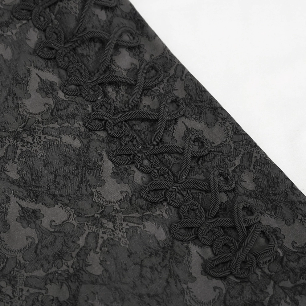 Seitendetail-Nahaufnahme schwarzer Gothic Röhrenhose mit geflochtener Seildekoration Schnürverschluss-Trim, dunkles Jacquard-Damast-Muster und hochwertige Verarbeitungstechnik
