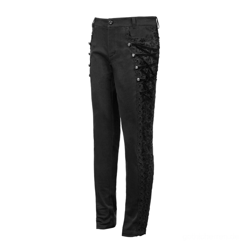Gothic schwarze Röhrenhose mit schnürenden Seitenpaneelen und Metallschnallen, linke Seiten-Flachlage-Ansicht, korsettinspirierte Schnürdetails mit dekorativen Metallfastenern und solider schwarzer Twill-Stoff