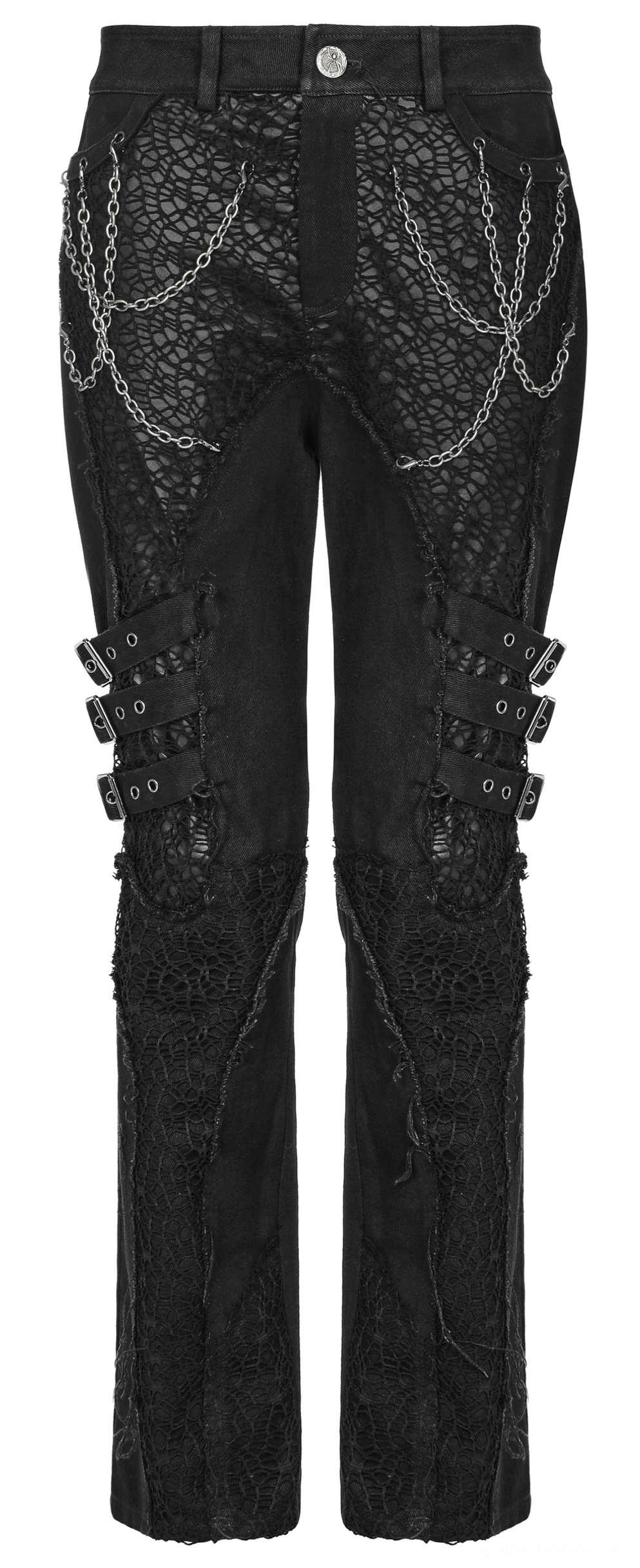 Nahaufnahme der Taillendetails der schwarzen Gothic Röhrenhose mit Metallketten-Akzenten und Schnallenverzierungen, Flachlage auf weißem Hintergrund