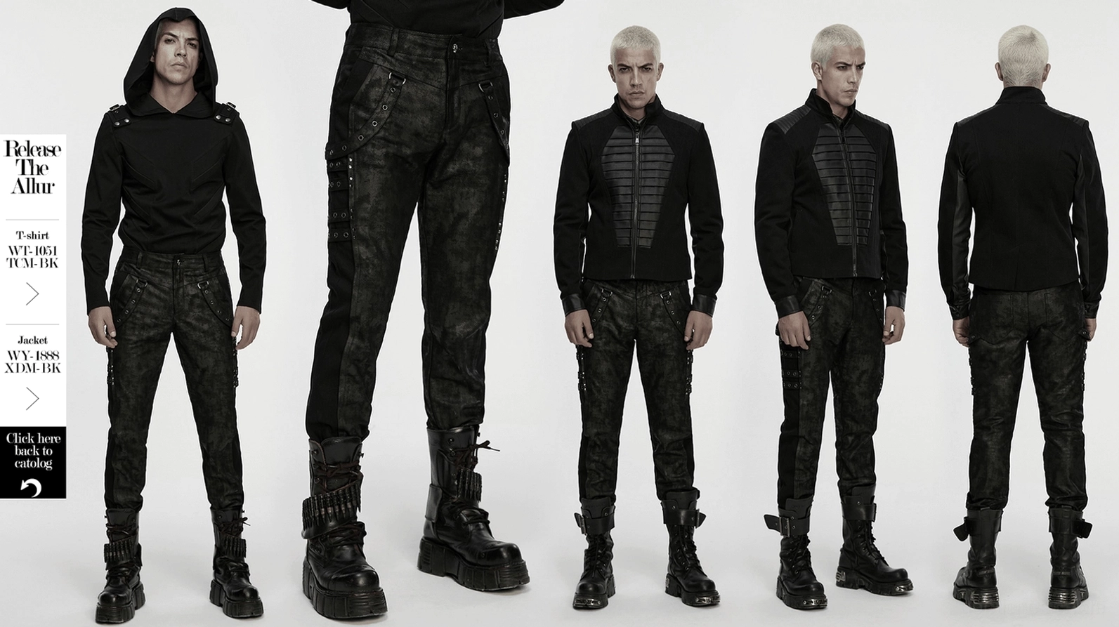 Schwarze distressed Gothic Slim-Fit Röhrenhose Produktübersicht mit geflammtem Druck und Metall-Ösen-Straps
