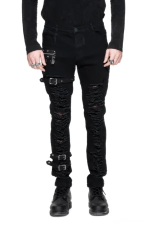 Vorderansicht der schwarzen Gothic Röhrenhose mit mehreren funktionalen Schnallen, Reißverschlüssen und strategischen zerrissenen Knie-Details – Industrial-Ästhetik in voller Länge