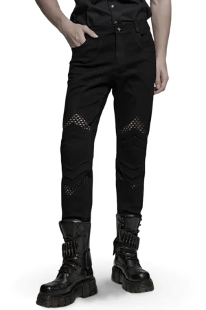 Schwarze Gothic Röhrenhose mit 3D-Netzwerk-Kniedesign im Front-Dreiviertelbild, getragen von männlichem Model mit schwarzem Oberteil und Boots, zeigt schlanke Silhouette und Fishnet-Ausschnitte