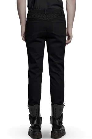 Gothic Slim-Fit Hose mit Mesh-Kniedetails in Rückenansicht, männliches Model trägt die schwarze Röhrenhose mit Mesh-Bund-Panel und schlankem Sitz