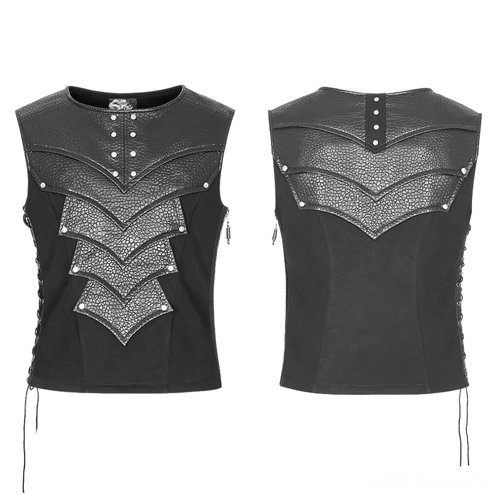 Schwarze Gothic Rüstungsweste Flat Lay - Vorder- und Rückseite mit vollständiger Konstruktion und seitlichem Reißverschluss