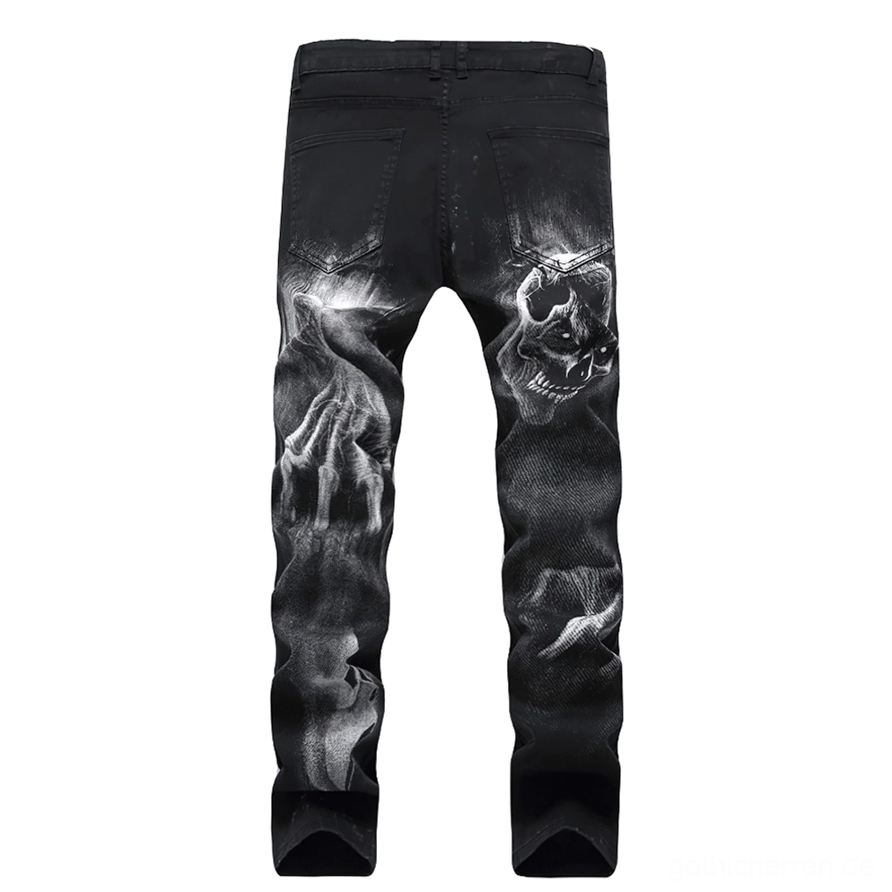Schwarze Gothic-Schädel-Jeans Rückansicht mit Gesäßtaschen und Schädel-Grafik-Details - Flat-Lay-Studio-Aufnahme