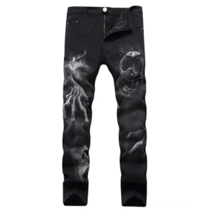 Schwarze Gothic-Schädel-Jeans mit 3D-Druck-Details - Frontansicht Flat-Lay-Display mit vollständiger Beindruck