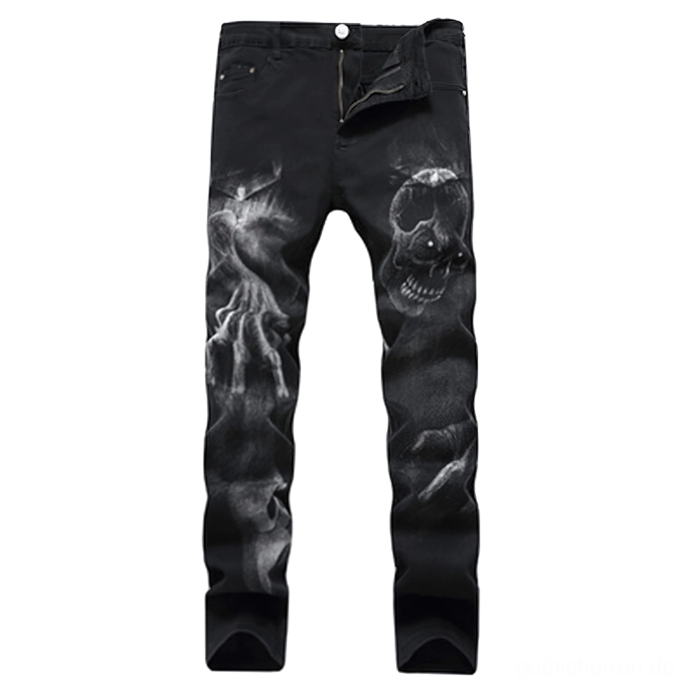 Schwarze Gothic-Schädel-Jeans mit 3D-Druck-Details - Frontansicht Flat-Lay-Display mit vollständiger Beindruck