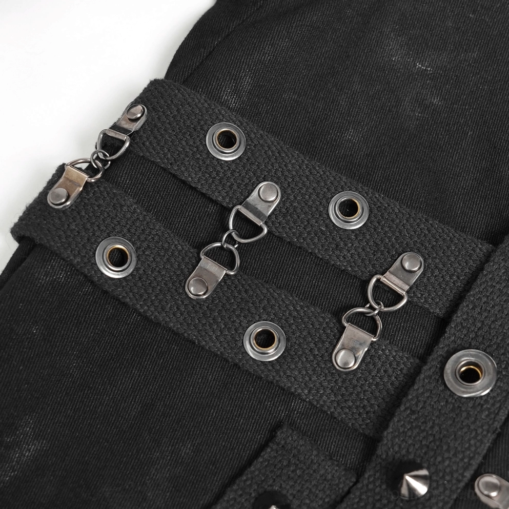 Schwarze Gothic Schlaghose Vollansicht zeigt Mesh-Panel-Konstruktion und Metallhardware-Akzente kompletter Überblick