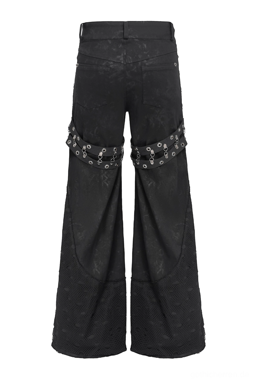 Schwarze Gothic Schlaghose Hinteransicht Oberschenkel-Grommet-Straps und dramatische weite Schlaghose-Silhouette