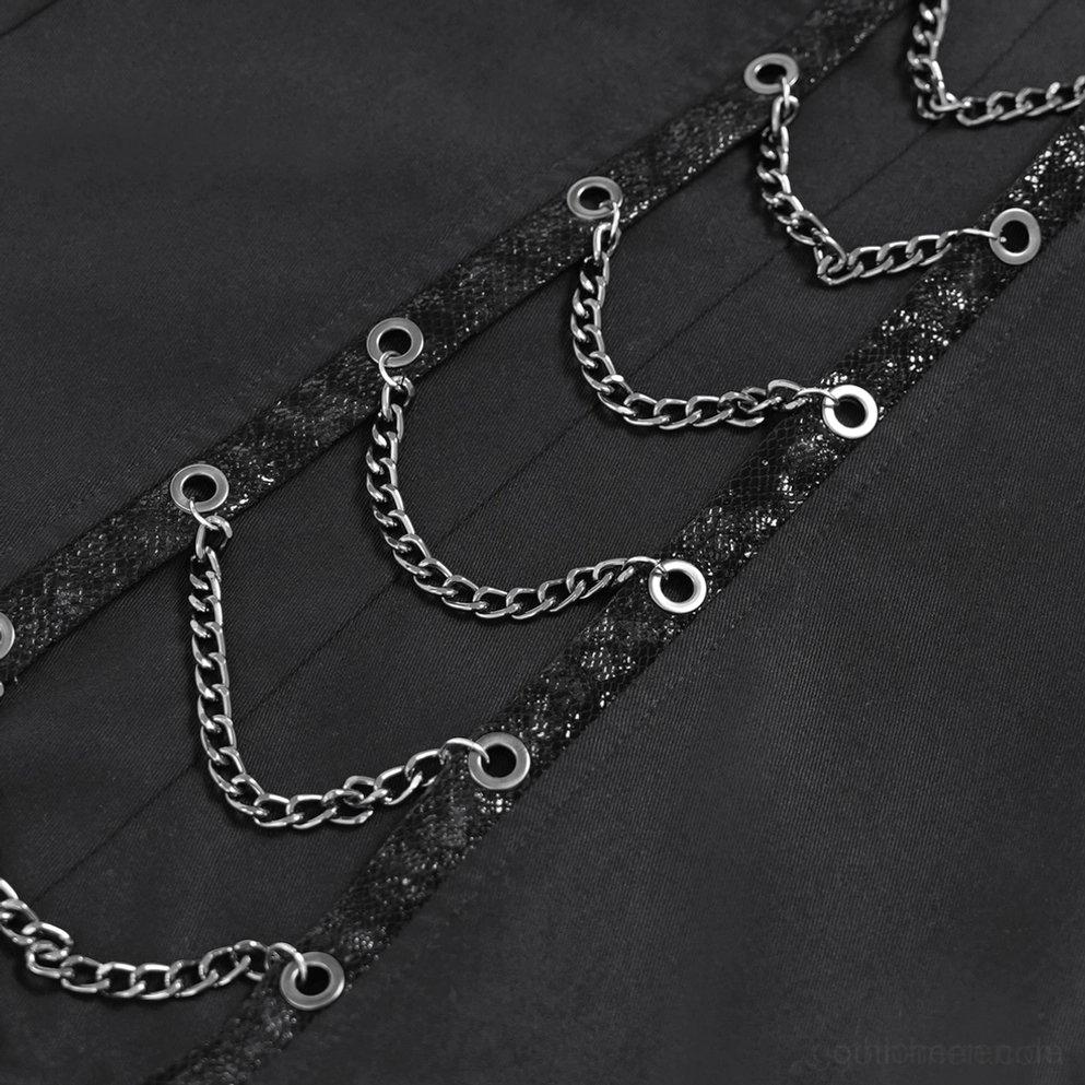 Schwarze Gothic Schlaghose Hüft-Flügelpanel mit glänzendem Spitzenüberzug und Kettenösen - Seitendetail Flachaufnahme