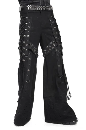 Schwarze Gothic Schlaghose mit Schnürlace-Metallösen und Mesh-Panelen Frontalansicht mit Nieten-Gürtel