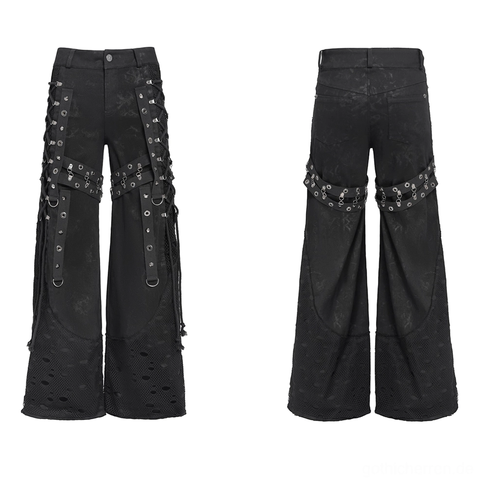 Schwarze Gothic Schlaghose Vollansicht vorne mit Schnürlace-Grommet-Details und distressed Mesh-Säumen