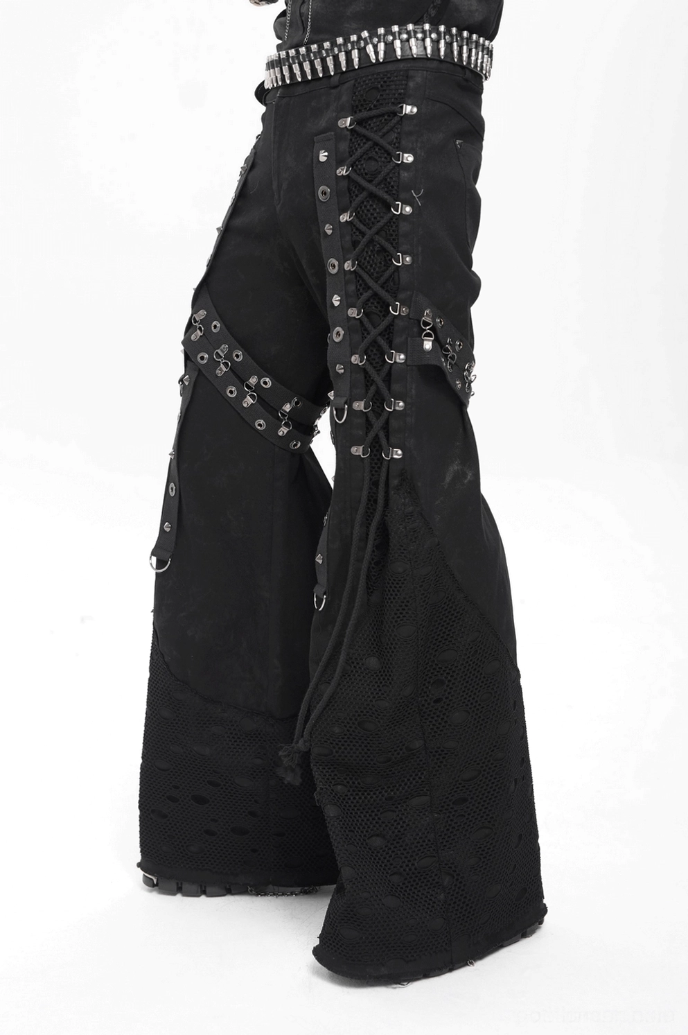 Schwarze Gothic Schlaghose Wade-Bereich mit Mesh-Panel und Grommet-Strap-Detail-Konstruktion