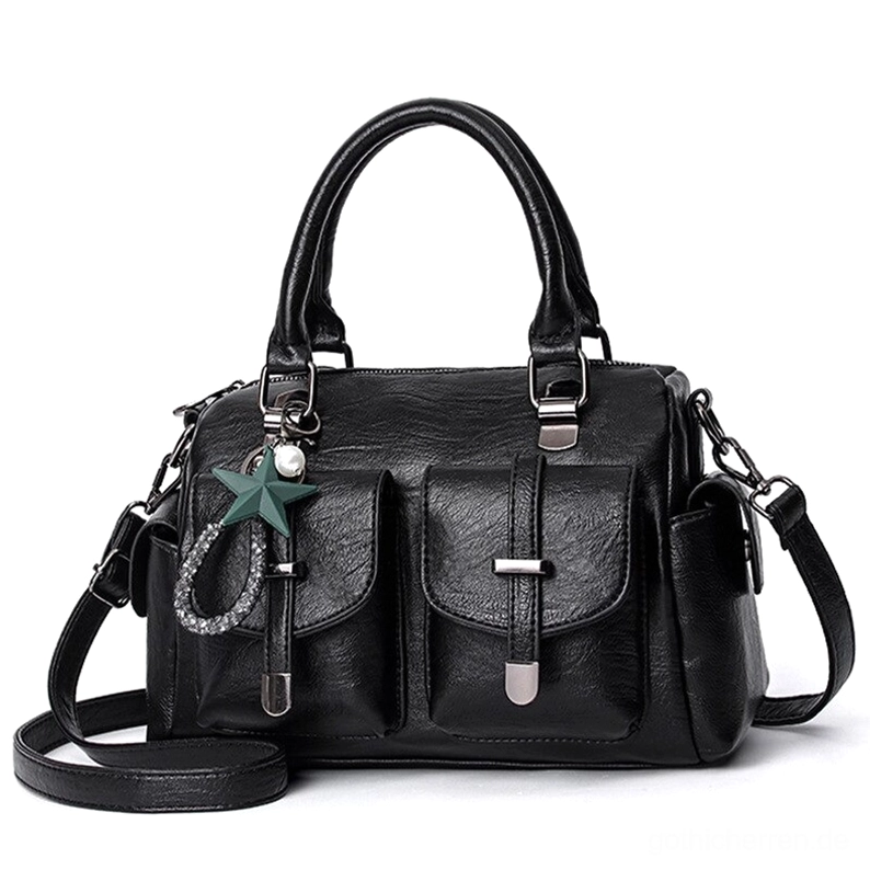 Schwarze gotische Lederschultertasche mit Stern-Anhänger, dualen vorderen Taschen und abnehmbarem Schultergurt – vintage okkulte Celestial-Handtasche im flachen Design