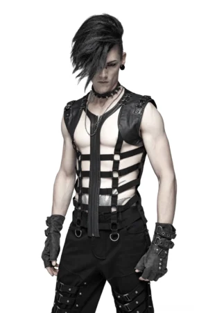 Schwarze Gothic Skelett-Schnürweste Vorderansicht Dreiviertelansicht männlicher Model mit Metallschulter-Harness und Gitterausschnitt-Detail