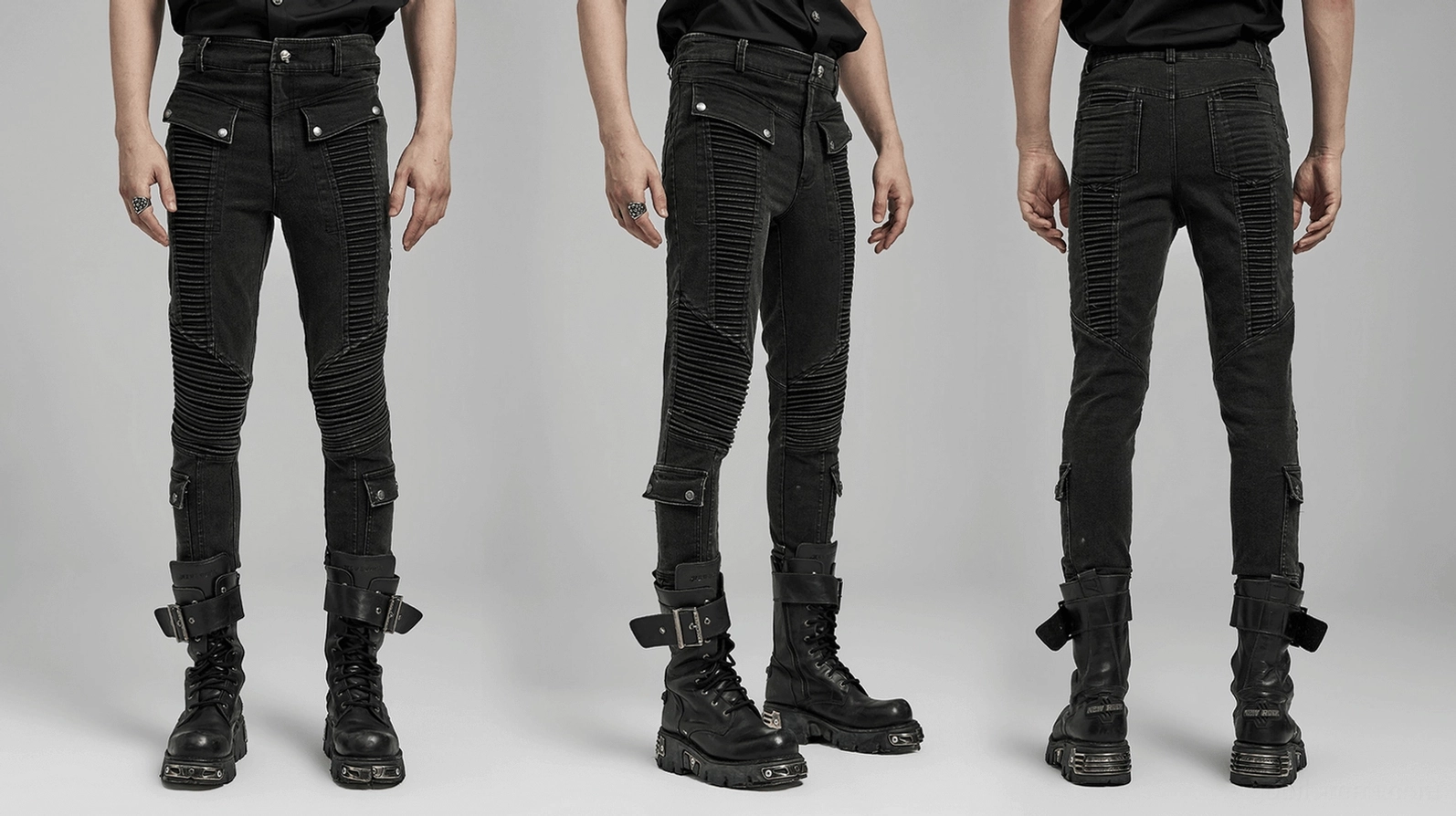 Schwarze gothic punk skinny jeans dreiviertelansicht flachlage - gesamte silhouette schlanker slim-fit profil und desighelemente kordelzug kniepanels