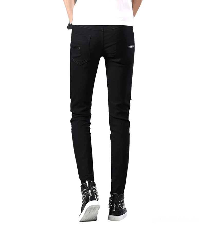 Schwarze gotische Skinny-Jeans Herren Rückansicht zeigt Gesäßtasche Design und Metallhardware-Details hinten