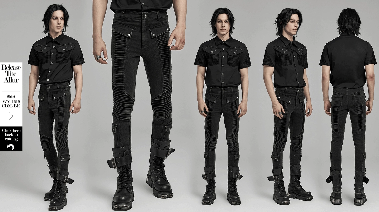 Schwarze gothic skinny denim jeans komplettanzeige flachlage - gesamtes kleidungsstück kordelzug-taille gerippte kniepanels cargo-taschen metallhardware