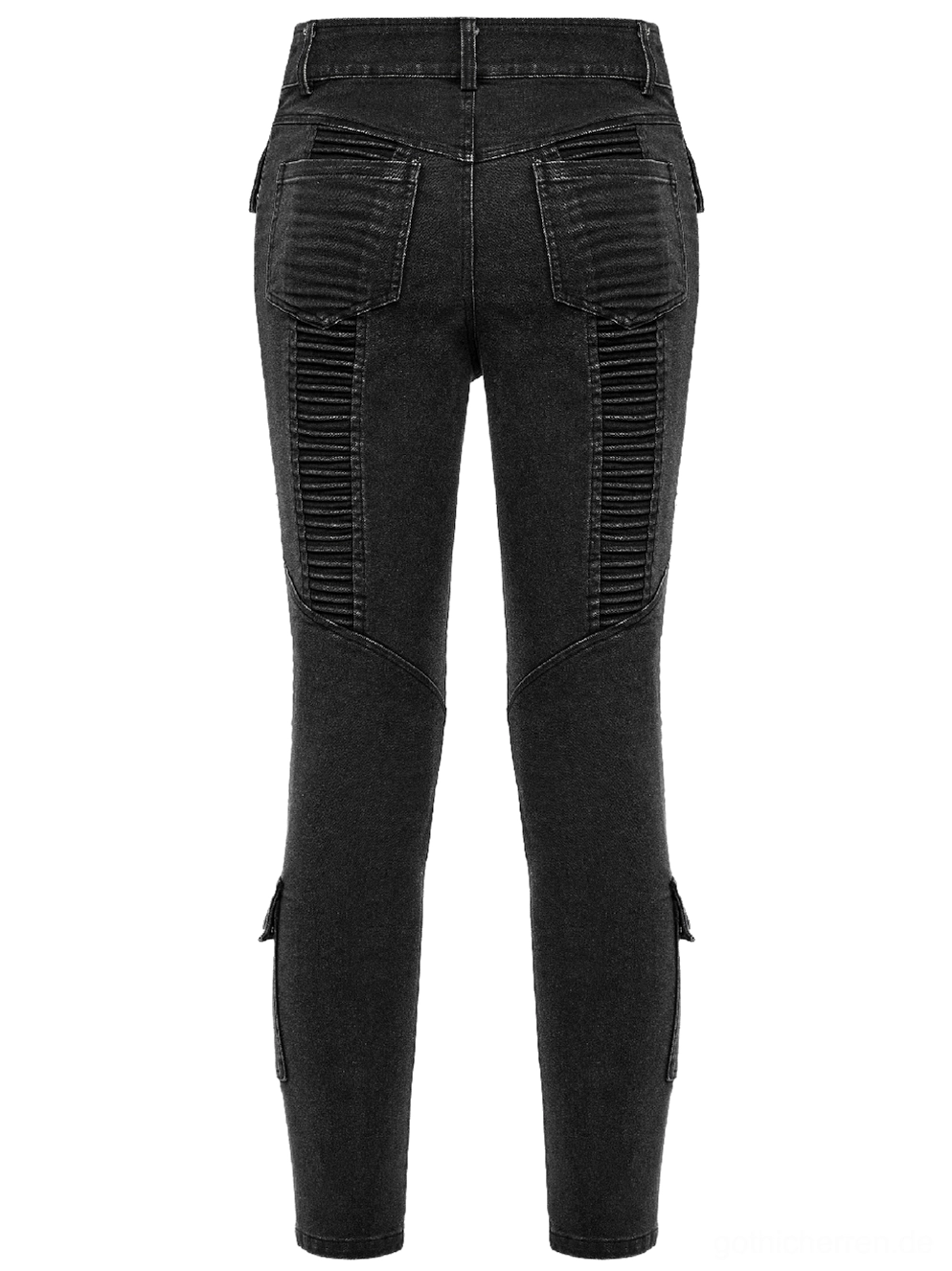 Schwarze gothic skinny jeans rückansicht flachlage - rückentaschen gerippte kniepanels seitliche knöchelriemchen-schnallen und washed-denim-konstruktion