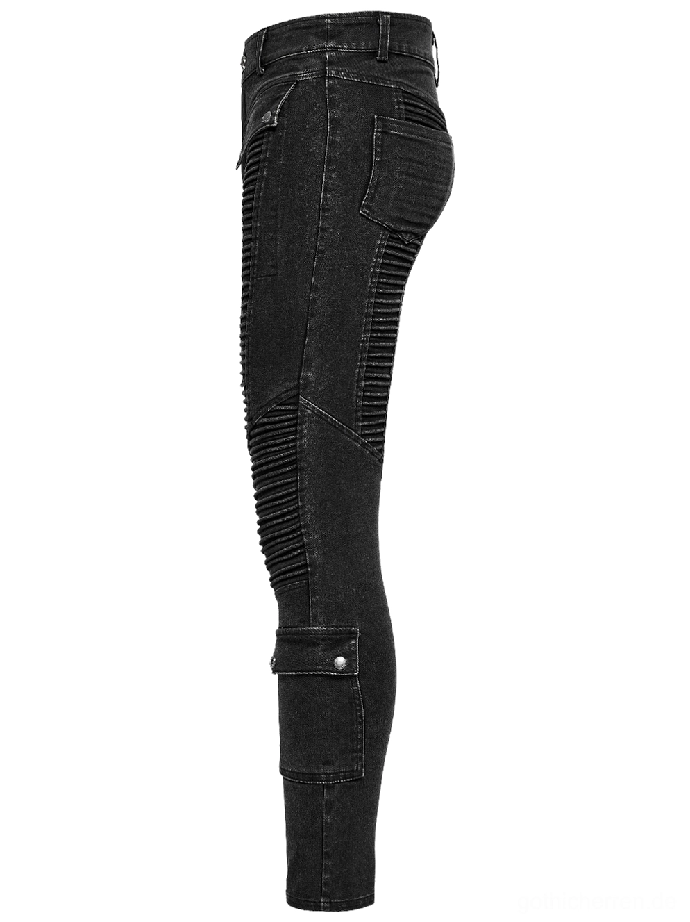 Schwarze gothic skinny jeans seitenansicht flachlage - seitliche seite schlanker slim-fit silhouette gerippte seitenpanels und knöchelbereich cargo-tasche mit metallschnalle