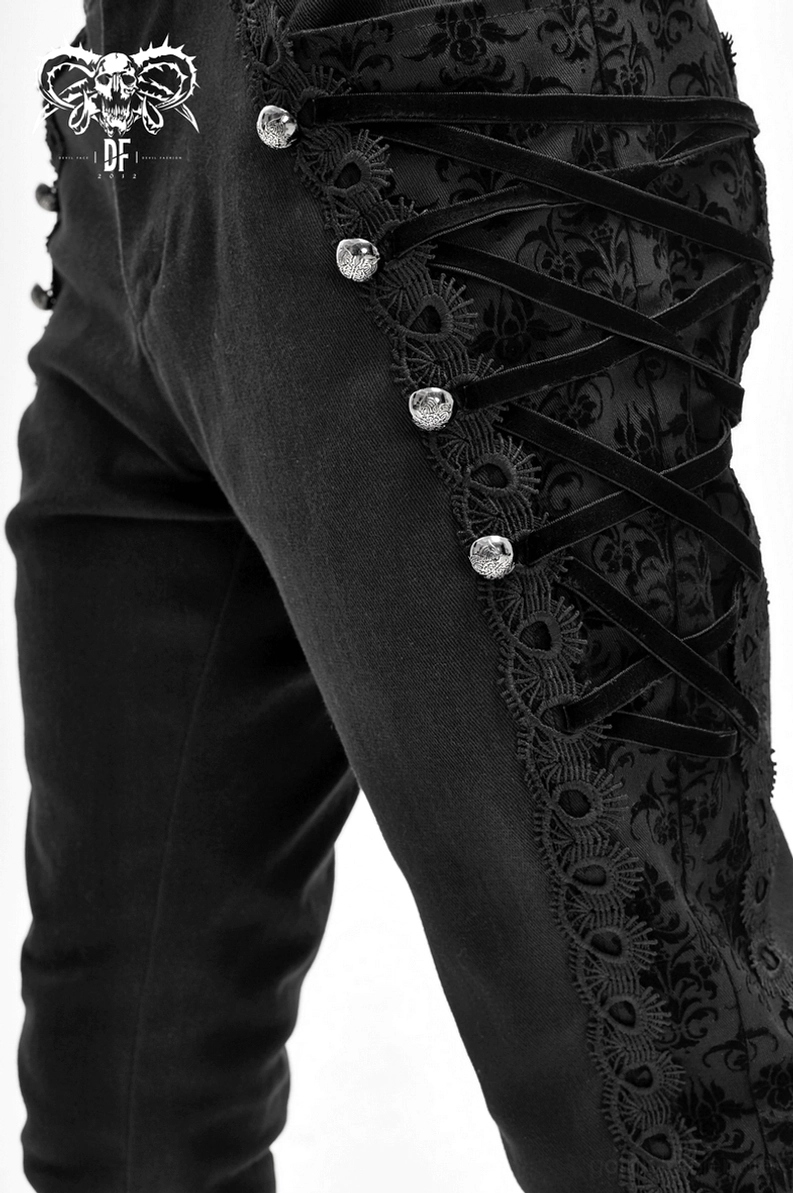 Schwarze Gothic Slim-Fit Jacquard-Röhrenhose Produktfoto, tailierte Passform und dunkle Ästhetik betonend, Gesamtproduktansicht mit allen charakteristischen Features