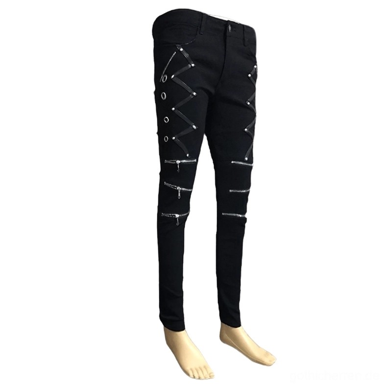 Schwarze gotische Slim-Fit-Jeans Schaufensterpuppen-Display zeigt Reißverschluss und Nieten-Dekorationen Vollansicht