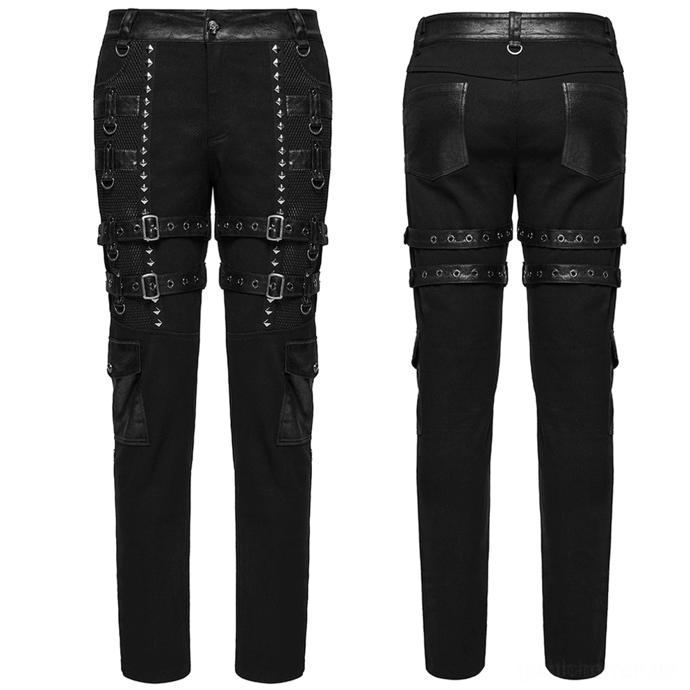 Schwarze gothic slim-fit nietenhose front flat lay zwei paare vertikale nieten buckle straps ledertaille cargo taschen