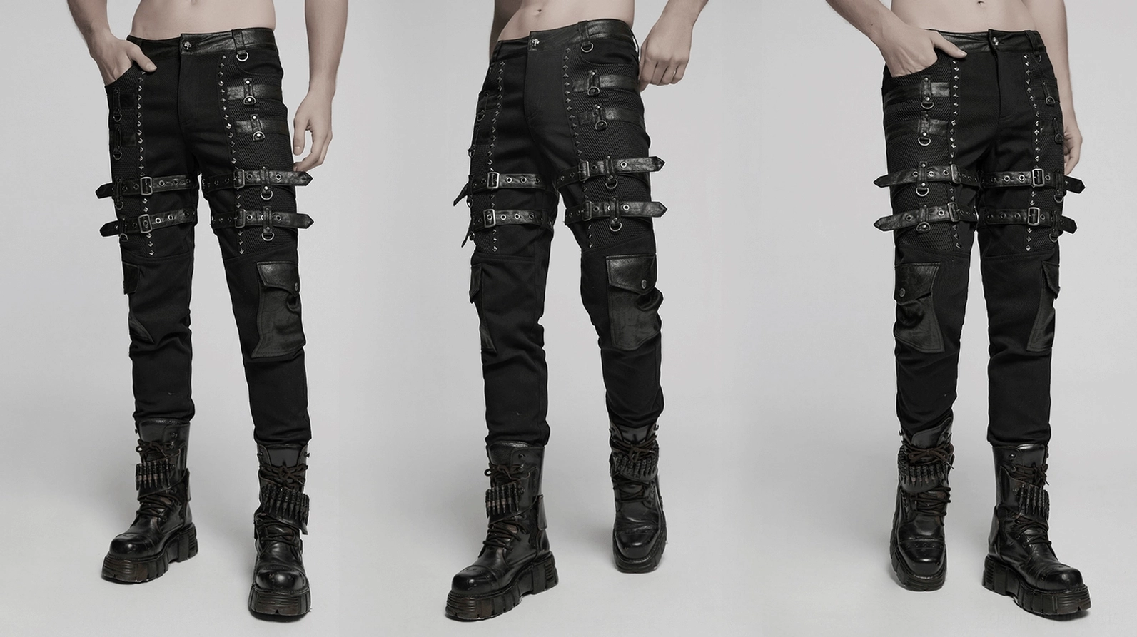 Komplette vorderansicht schwarze gothic slim-fit nietenhose auf model tailierte silhouette fitted schnitt präsentation