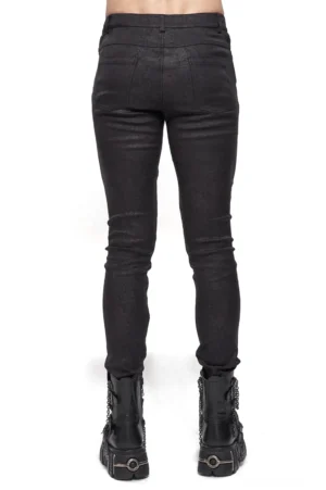 Schwarze Gothic Slim-Fit Hose Rückansicht Vollbild rissige Textur Distressed Fabric Pentagramm Charm
