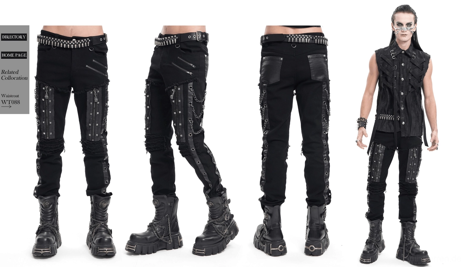 Schwarze Gothic-Slim-Fit-Hose Styling-Detailansicht zeigt Ketten- und Reißverschluss-Verzierungen im Gesamtdesign