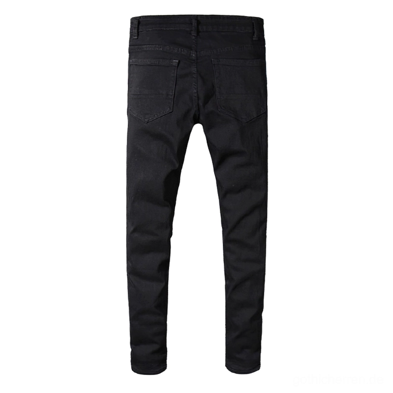 Schwarze Gothic Slim Jeans Rückansicht mit Patch-Taschen und Nieten Details