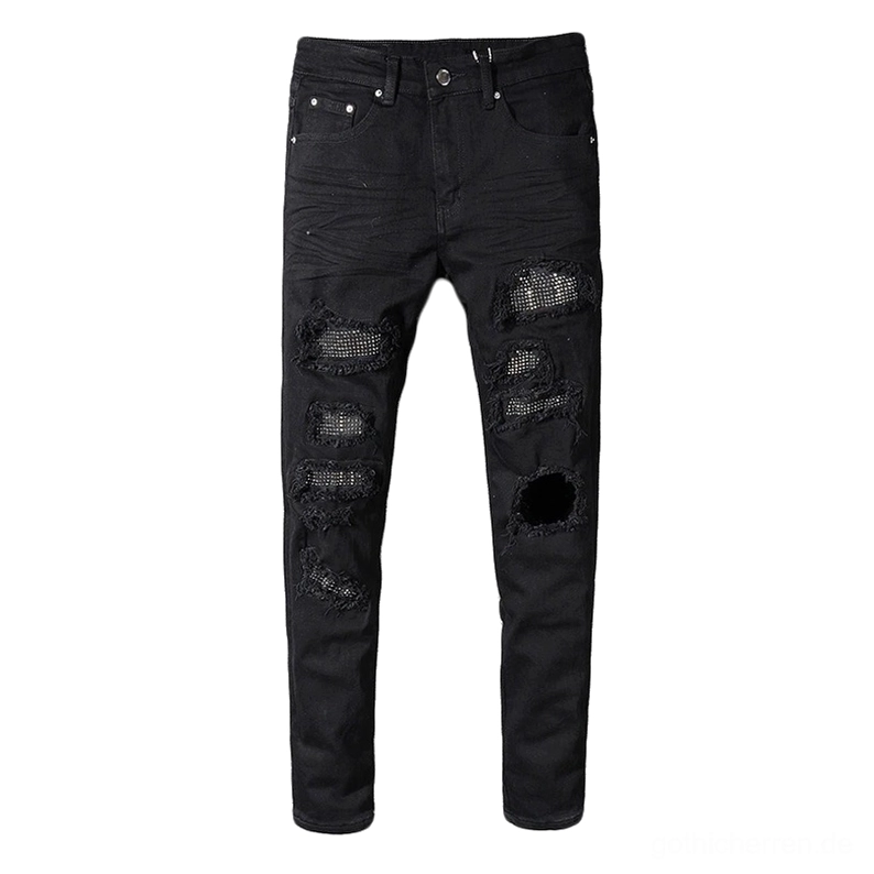 Schwarze Gothic Slim-Fit Jeans mit Strass-Steinen und Distressed Rissen Vorderansicht Flat Lay Vollansicht Männer