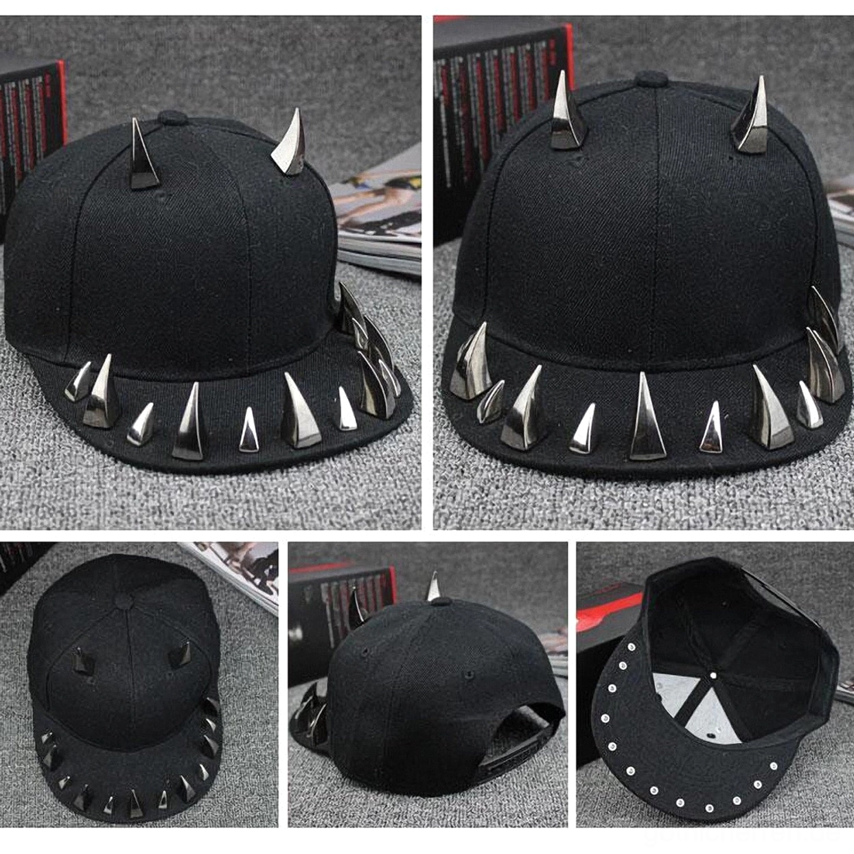Rückansicht der schwarzen Gothic Studded Snapback Cap zeigt die Spike-Platzierung auf der hinteren Krone, das verstellbare Snapback-Verschlusssystem und den durchgehenden Metallnietenrand für alternative Mode-Fans
