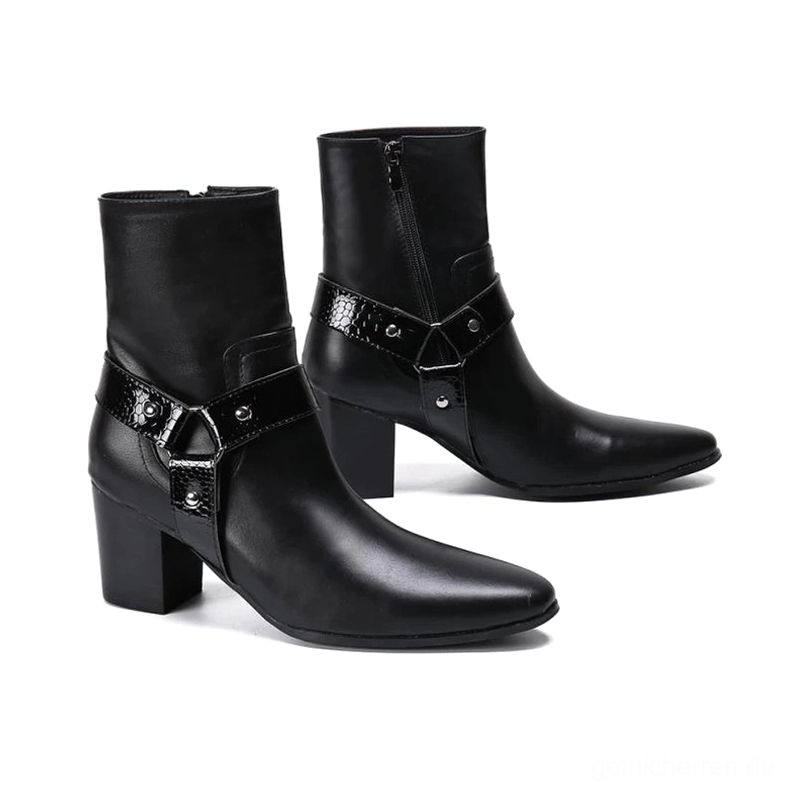 Paar schwarzer Lederstiefel mit Spitzform und Seitenreißverschluss im Gothic-Stil, zeigt vordere und seitliche Ansicht