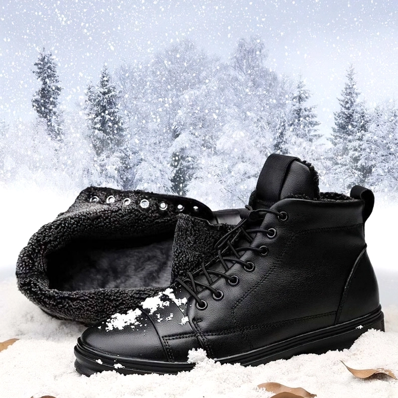 Schwarze echte Leder Gothic Stiefel Herren alternative Perspektive Textur Trageansicht