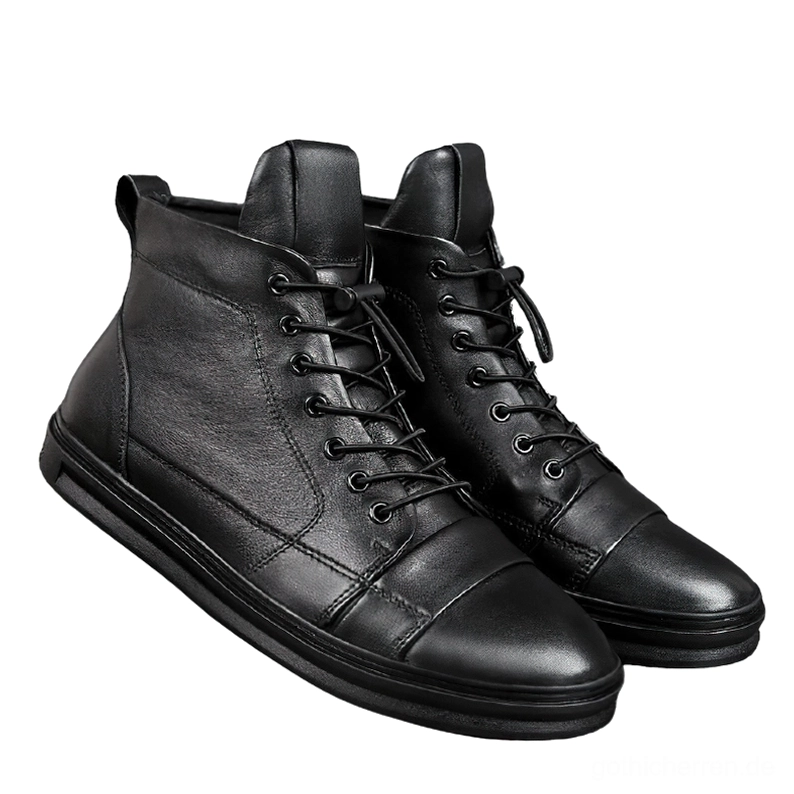 Zwei Paar schwarze Gothic Combat Stiefel Herren Aufsichtsansicht Rundzehenspitze Naht Paneele