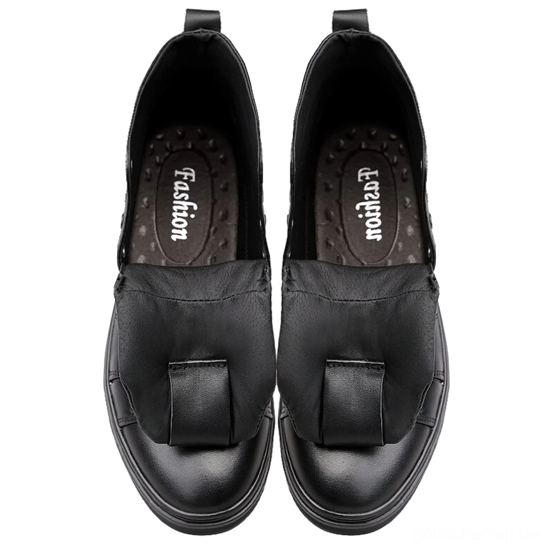 Schwarze echte Leder Gothic Stiefel Herren Flatlay Ansicht Einlegesohle Fashion Lederbänder