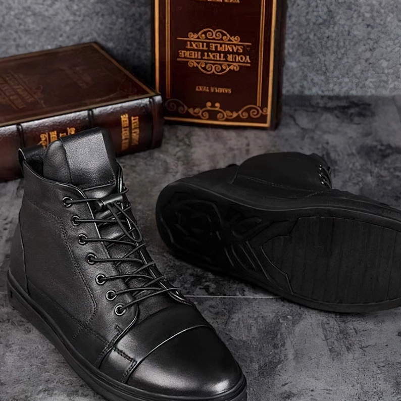 Schwarze echte Leder Gothic Stiefel Herren Gesamtsilhouette Profilansicht Bootform