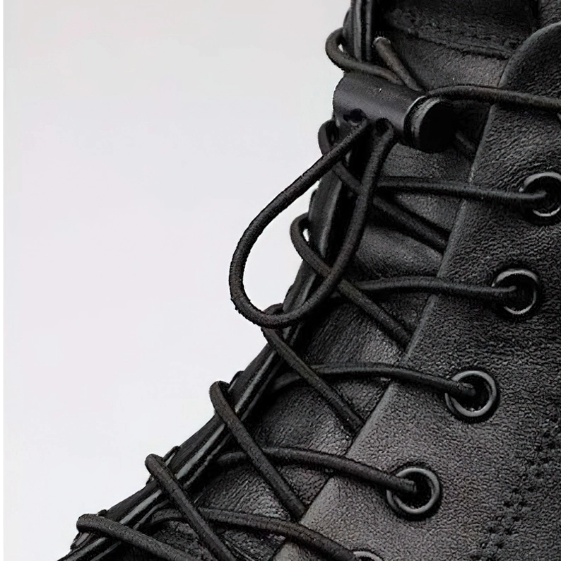 Schwarze echte Leder Gothic Stiefel Herren Premium Lederqualität Textur Verarbeitungskonstruktion Nahaufnahme