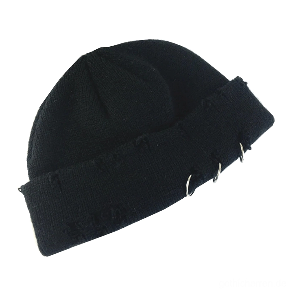 Schwarze Gothic-Strickmütze mit Distressed-Löchern und silbernen Metallring-Applikationen, Seitenansicht mit umgeschlagener Kante